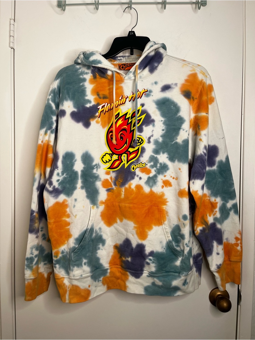Tie-Dye Flamin' Hot Fleece Hoodie Pullover Sweatshirt Orange Green Purple L